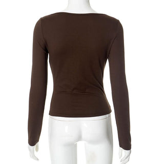 Knotted hollow out long sleeve v neck ruched cut out top