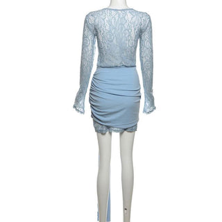 Long sleeve lace patchwork ruched mini dress