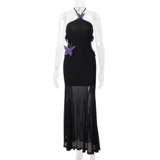 Halter butterfly applique hollow out mesh cut out maxi dress