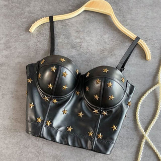 PU leather star applique button cami top