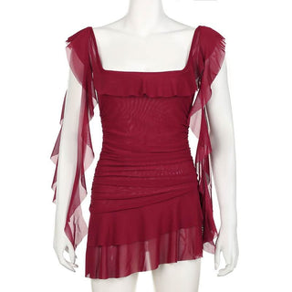 Square neck ruffle mesh ruched cami mini dress