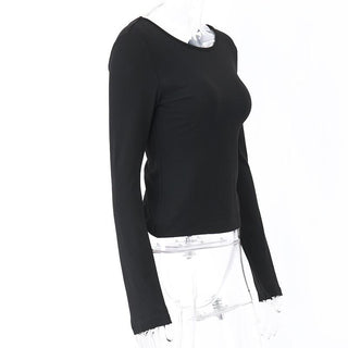 Long sleeve round neck solid backless slit top