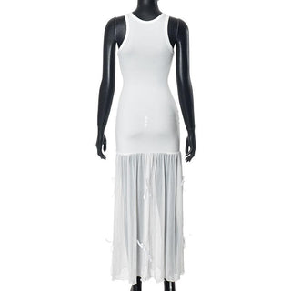 U neck mesh patchwork bowknot 2-way midi dress
