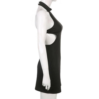 Sleeveless solid halter hollow out backless button cut out mini dress