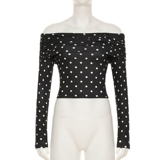 Polka dot off shoulder long sleeve ruched top