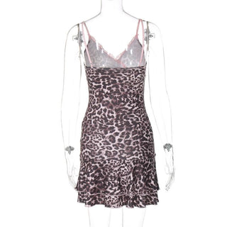 Leopard print v neck lace hem cami mini dress