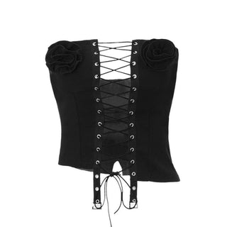 Lace up flower applique bustier denim tube top