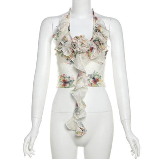 Halter ruffle u neck flower applique print top