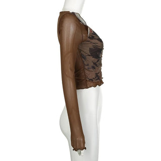 Long sleeve v neck ruched ruffle print sheer mesh stitch top