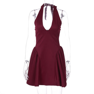 Halter v neck solid backless mini dress