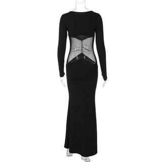 Long sleeve crewneck mesh patchwork maxi dress