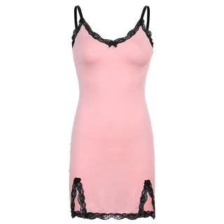 V neck slit lace hem bowknot cami mini dress