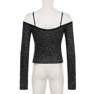 Leopard print long sleeve lace hem off shoulder top