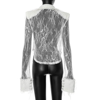 Turnover collar long sleeve lace button ruffle top