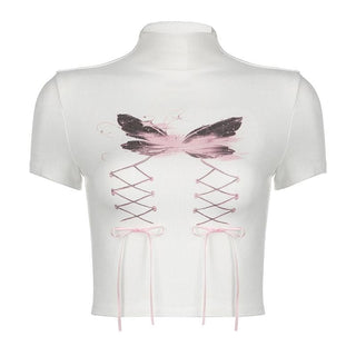 Short sleeve high neck butterfly print bowknot crop top