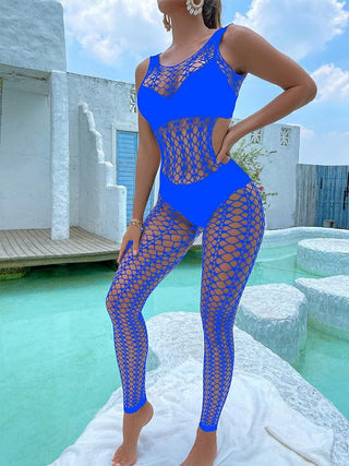 U neck sleeveless hollow out fishnet bodystocking
