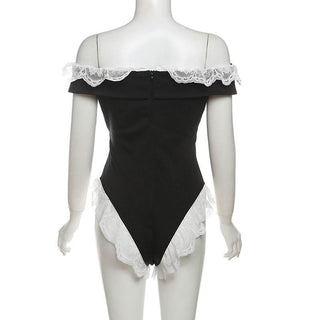 Off shoulder lace hem v neck zip-up bodysuit
