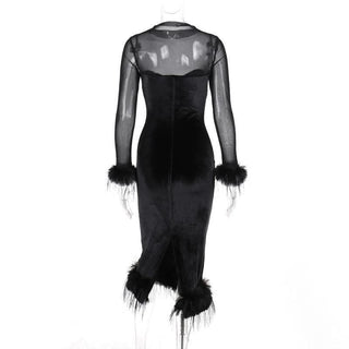 Long sleeve feather velvet mesh patchwork slit high neck midi dress-final-sale