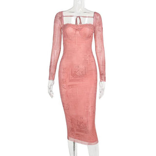 Long sleeve lace hem square neck print midi dress