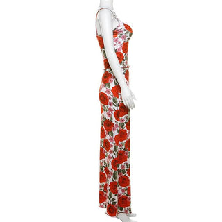 V neck flower print cami maxi skirt set