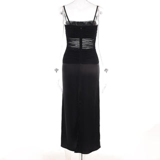 Mesh patchwork zip-up solid backless ruched cami midi dress