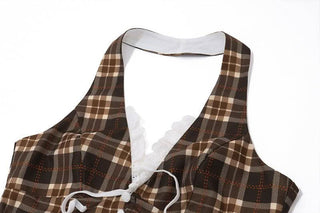 Halter v neck plaid ruffle button crop top