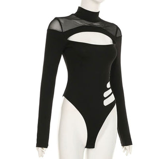 High neck long sleeve mesh hollow out bodysuit