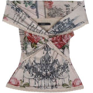 Off shoulder lace hem knotted flower print top