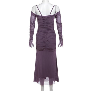 Long sleeve mesh ruched off shoulder cami midi dress