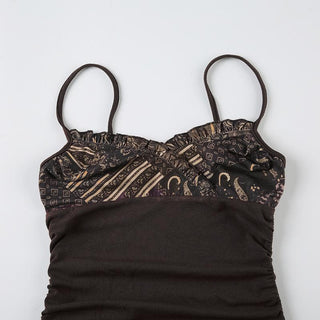 Ruffle v neck print patchwork ruched cami top