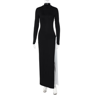 High neck long sleeve hollow out slit knotted cut out maxi dress