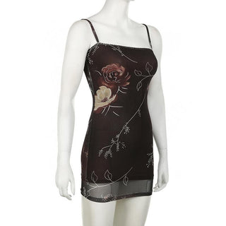 Flower print lace hem mesh cami mini dress
