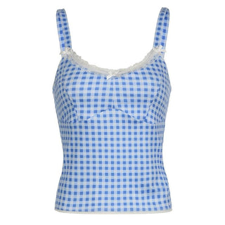 Lace hem plaid backless bowknot cami top