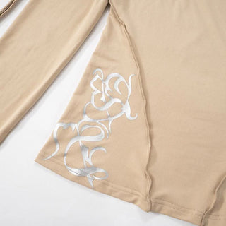 Long sleeve off shoulder ruched self tie stitch top