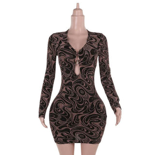Long sleeve v neck hollow out ripple print cut out mini dress