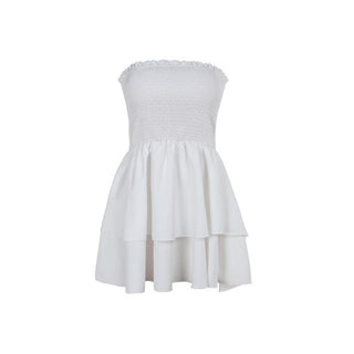 Smocked backless ruched ruffle tube mini dress