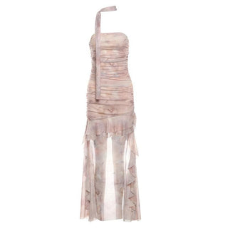 Tie dye ruched ruffle tube midi dress