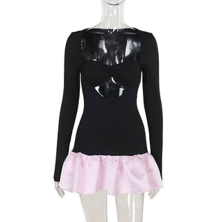 Long sleeve hollow out ribbed ruffle v neck cut out mini dress