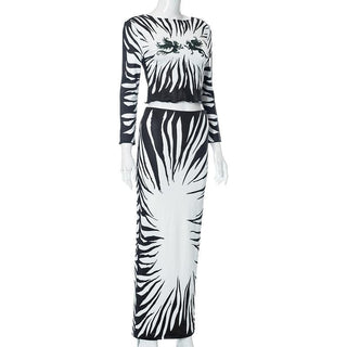 Abstract long sleeve contrast backless self tie maxi skirt set