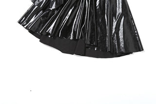 Halter PU leather lace patchwork ruched drawstring mini dress