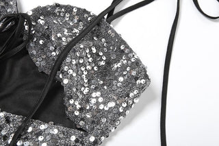 Glitter hollow out self tie backless v neck cami cut out top