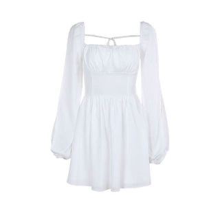 Long sleeve self tie square neck smocked mini dress
