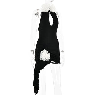 Halter ruched flower applique ruffle mini dress