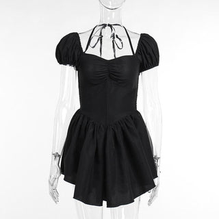 Short puff sleeve sweetheart neck ruched halter smocked mini dress