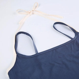 Contrast patchwork halter backless sleeveless crop top