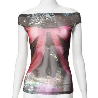Off shoulder bowknot print sheer mesh top