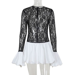 Long sleeve lace patchwork zip-up mini dress