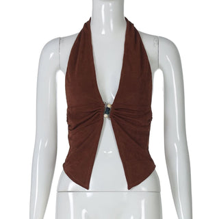 Halter deep V neck beaded ruched slit top