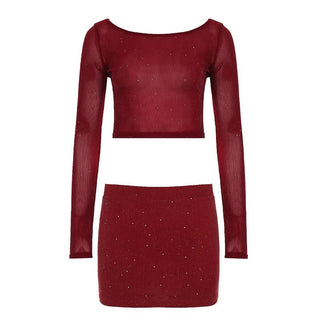 Crewneck long sleeve glitter crop mini skirt set
