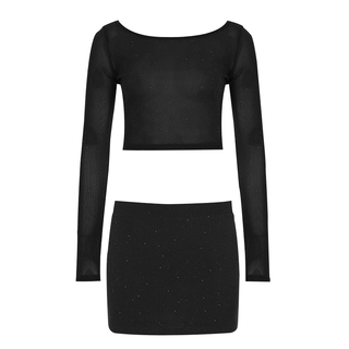 Crewneck long sleeve glitter crop mini skirt set